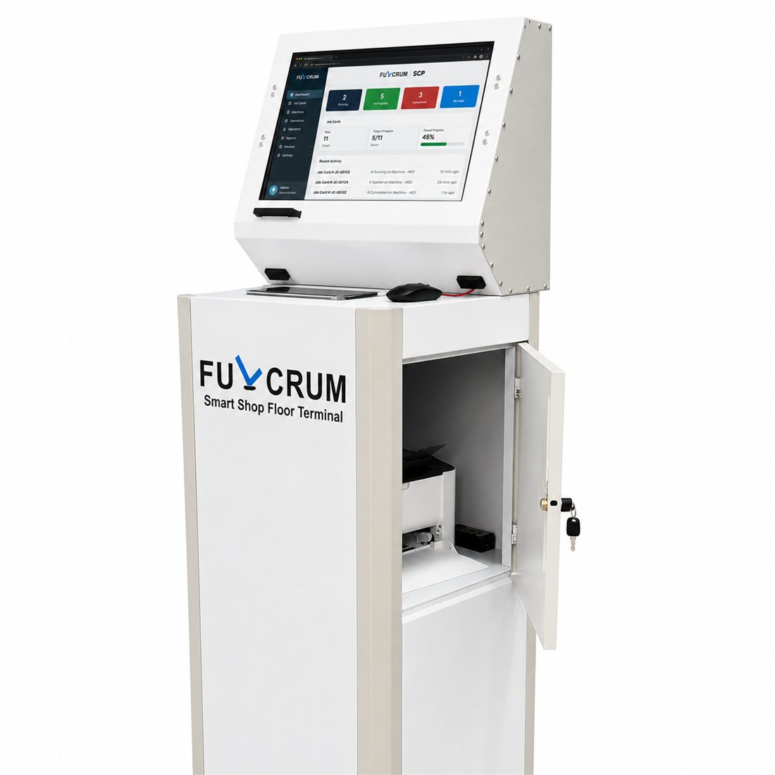 Side view of the FULCRUM Smart Shop Floor Terminal with the printer compartment open, showing a FULCRUM-SCP dashboard on screen